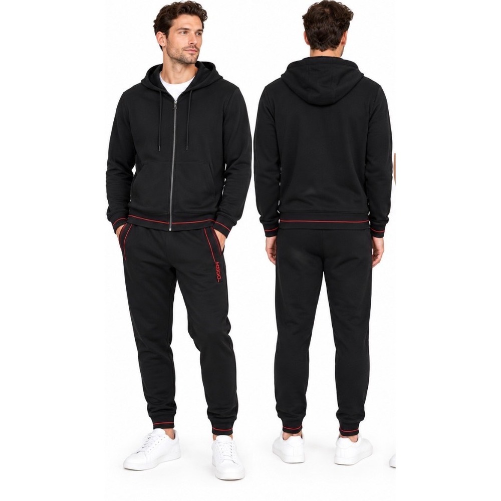 HUGO BOSS Daple French Terry Hoodie Jogger Set Black Red Trim XXL Men's NWOT
